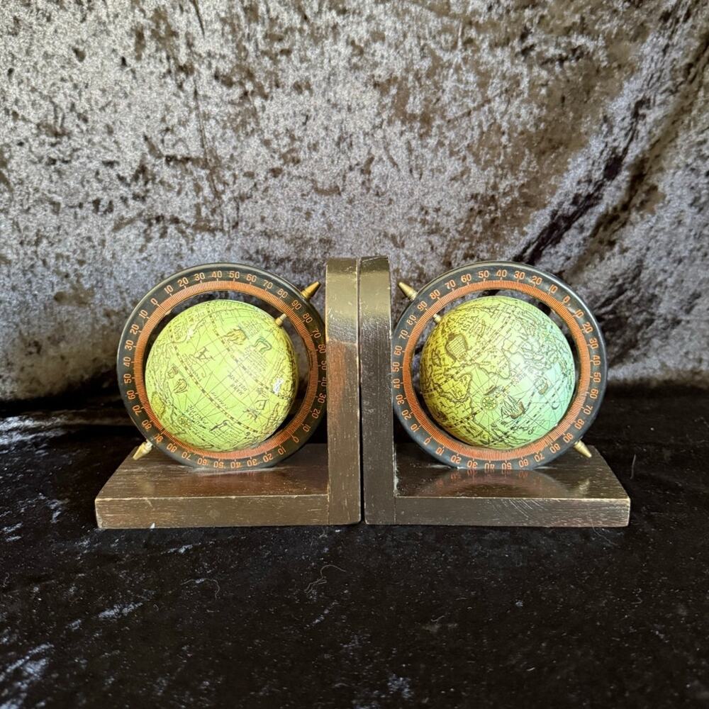 Green Globe bookends with dark wood | Unknown Vintage | Dark Academia Eclectic